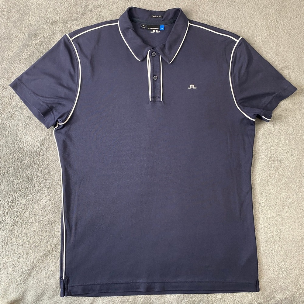 J.Lindeberg Polo Shirt Mens Medium Navy Tomi Reg Lux Pique Piping Golf Preppy